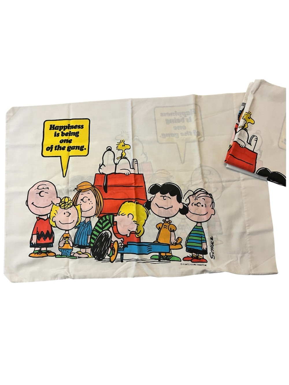 Vintage Snoopy Pillowcase pair 70s Peanuts gang Happiness
